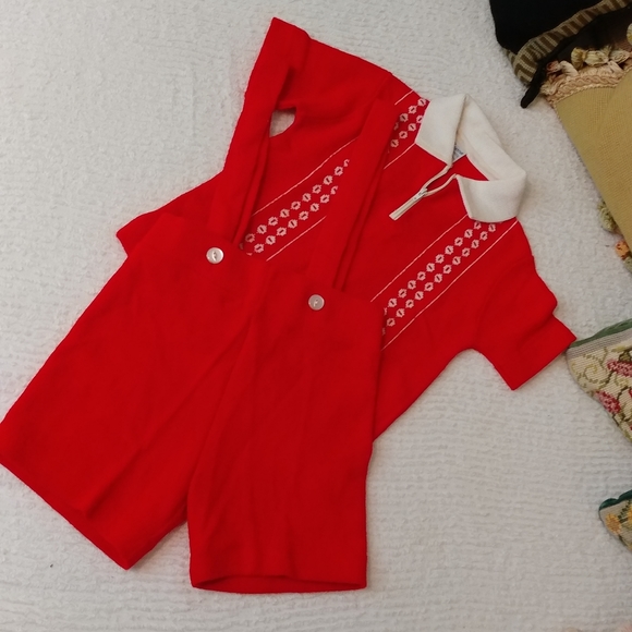 5/$20 SALE Red Creative Knits by Sternberg vintage suspenders 50s / 60s romper - Picture 2 of 13